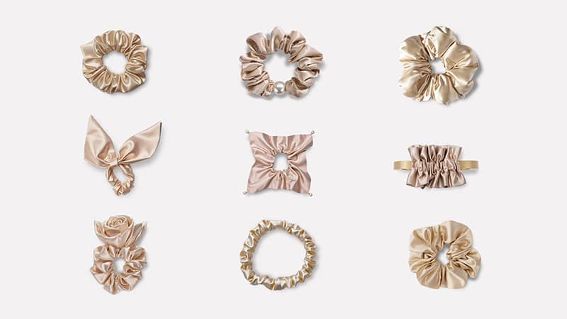 Custom silk scrunchies in various styles and colors with private label packaging for hair and beauty brands
