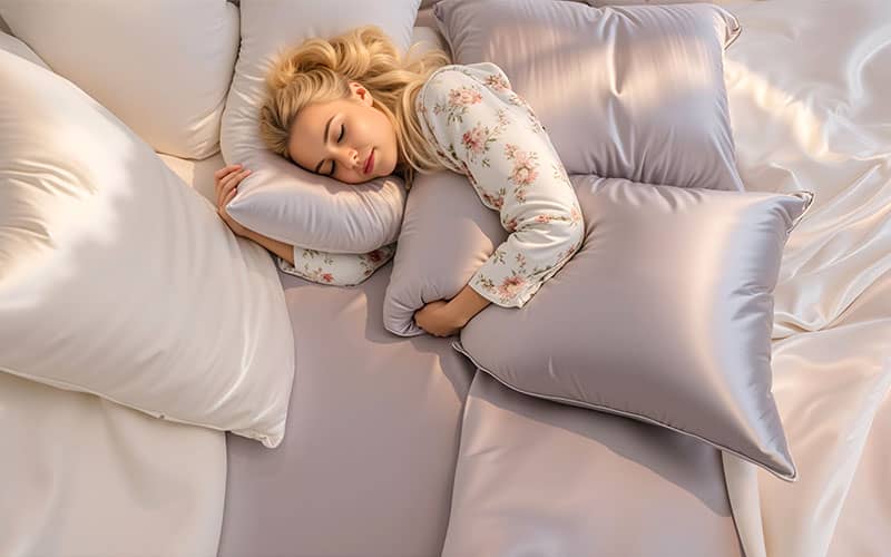 Luxury white mulberry silk pillowcase on a neatly made bed with soft lighting