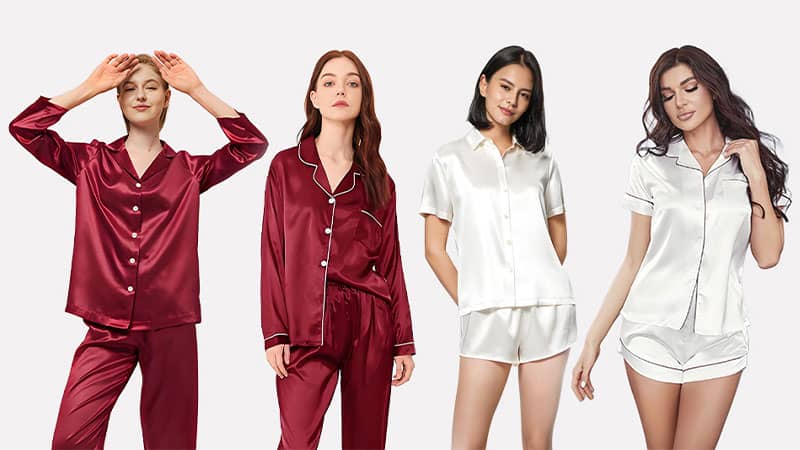 Various styles of wholesale silk pajamas with custom colors and packaging options for fashion brands