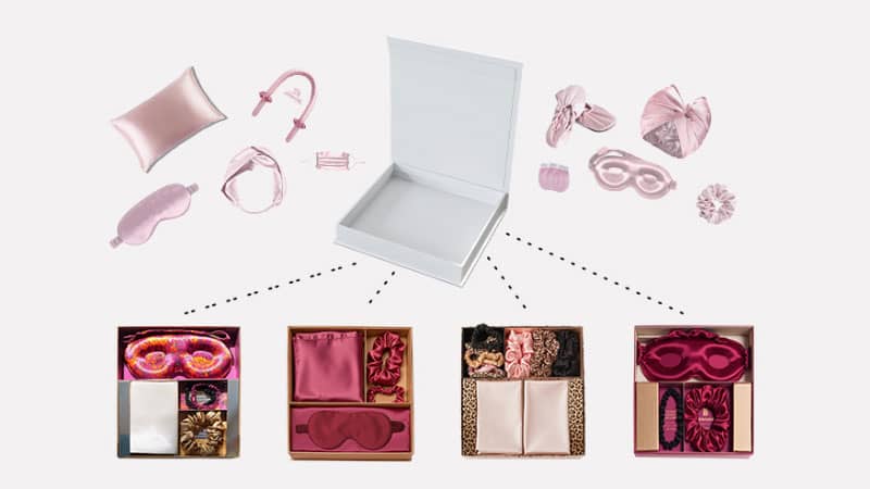A luxury silk sleep set including custom silk pillowcase, eye mask, and scrunchie designed for high-end bedding brands and gift sets.