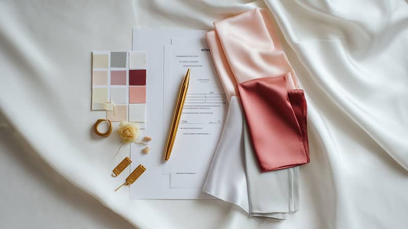 Flat lay of certified silk fabric samples with OEKO-TEX and GOTS documents, illustrating common buyer questions about silk product standards