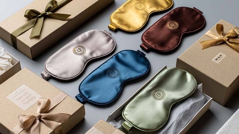 Custom silk eye masks with logo embroidery and luxury packaging designed for beauty and wellness brands