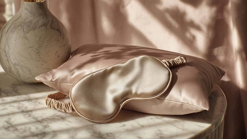 High-quality silk sleep mask on a nightstand paired with silk pillowcase, showcasing luxury sleep essentials for beauty brands