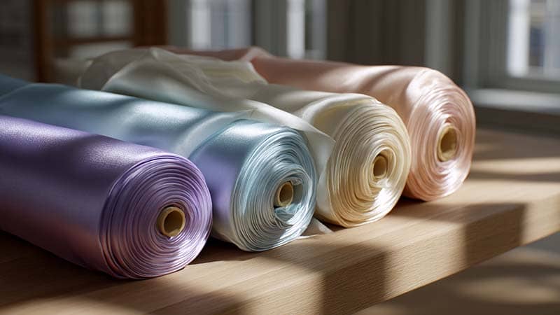 Beautiful pastel-colored silk fabric rolls prepared for custom silk products manufacturing in a luxury textile studio