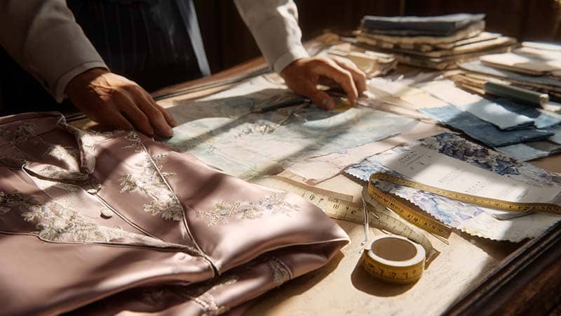 Hands inspecting a custom silk pajama sample with fabric swatches and measurement tools for quality control