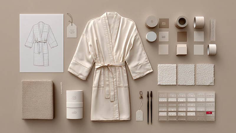 Custom silk robe OEM process including design sketches, fabric samples, logos, and production planning