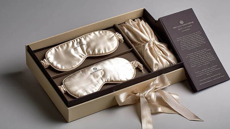 A multi-compartment silk gift box containing a custom silk sleep set with eye mask, pillowcase, and bonnet, ideal for luxury gifting.