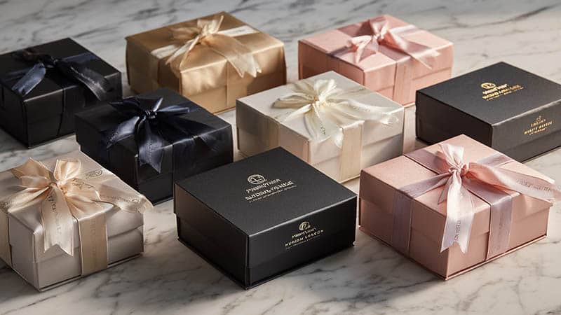 A collection of customized luxury silk gift boxes in various colors and styles, designed for high-end retail and e-commerce.