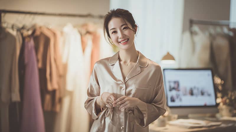 Female entrepreneur showcasing custom silk pajamas for brand launch and social media marketing