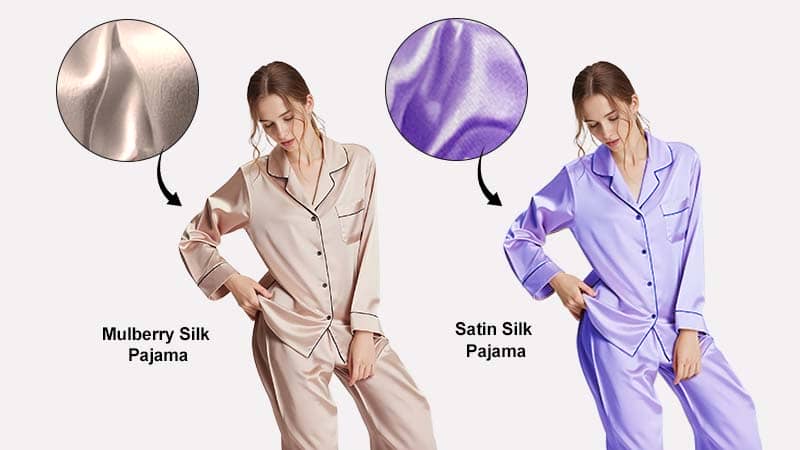 Close-up comparison of mulberry silk pajamas and imitation silk pajamas, showing differences in texture and sheen for silk pajama buyers.