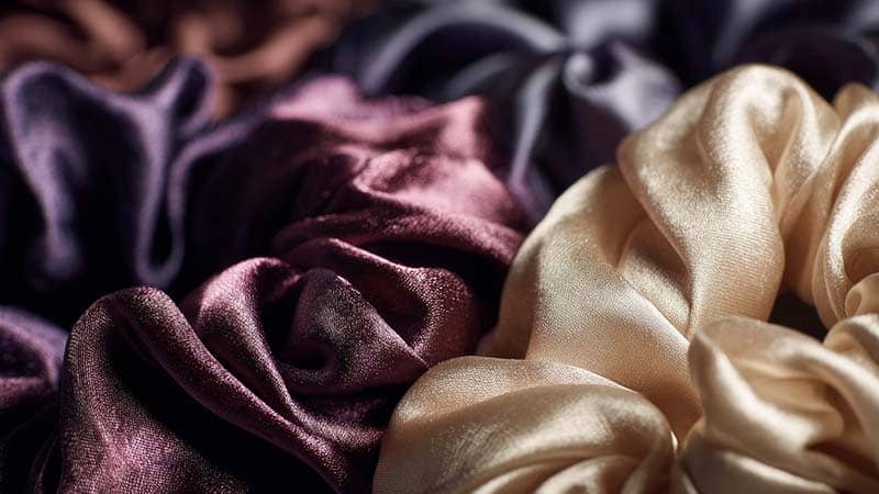 Close-up image comparing mulberry silk bonnets and satin bonnets for custom scrunchies and hair accessories, highlighting material differences.