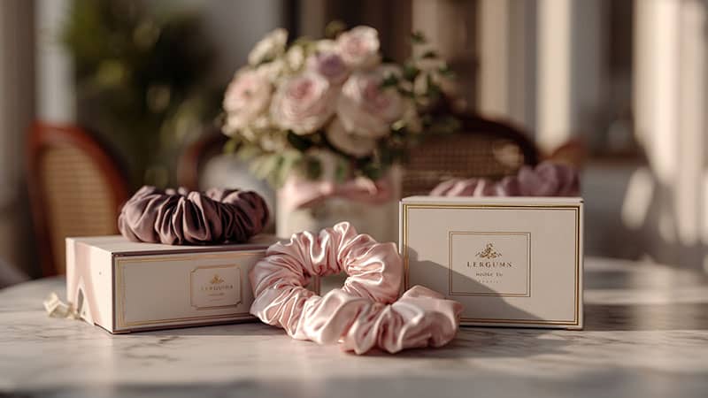 Branded luxury packaging of custom silk bonnets and custom scrunchies for wholesale, displayed with eco-friendly bags and boxes for hair brands.