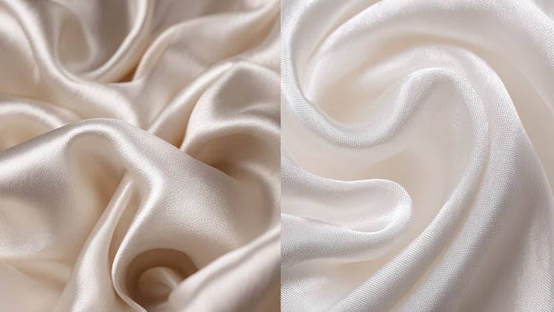 Close-up comparison of silk and satin pillowcases highlighting texture, shine, and fabric weave – silk vs satin pillowcase.