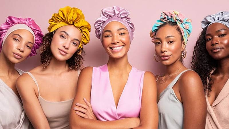 Collage showing diverse models and successful hair brands with custom silk bonnets and custom scrunchies, highlighting retail and e-commerce success in the beauty industry.