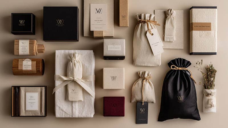 Various silk product packaging options including printed boxes, logo pouches, and hang tags