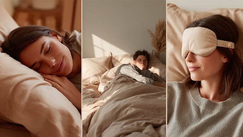 A collage showing Tencel bedsheets, bamboo sleepwear, and mulberry silk eye masks, demonstrating the best antimicrobial fabric choices for bedding and accessories.