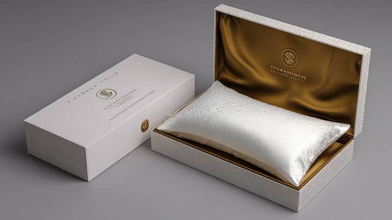 Luxury gift box with custom antibacterial silk pillowcase, featuring brand logo and eco-friendly packaging design
