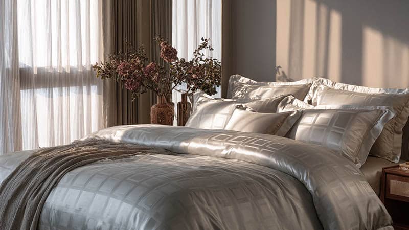 Elegant silk bedding set with silk pillowcase, silk flat sheet, and silk quilt cover in a modern Chinese-style bedroom.