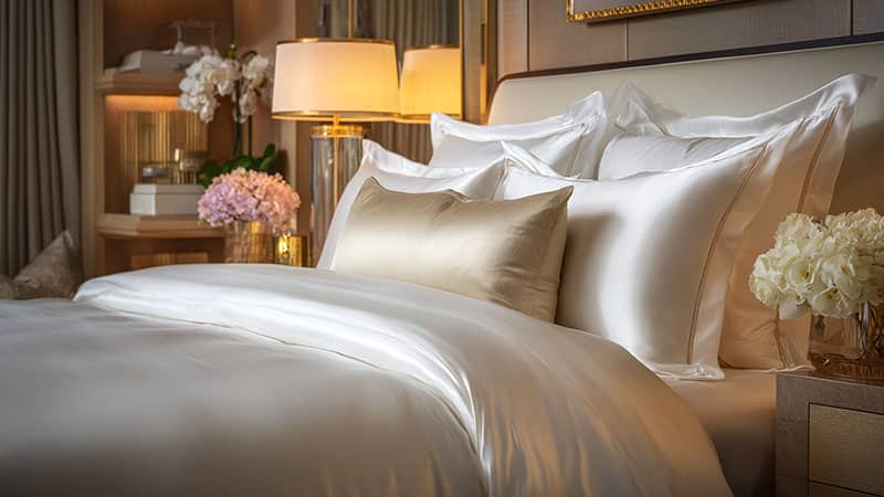 High-end hotel bedroom with mulberry silk bedding and custom silk pillowcases showcasing hospitality quality