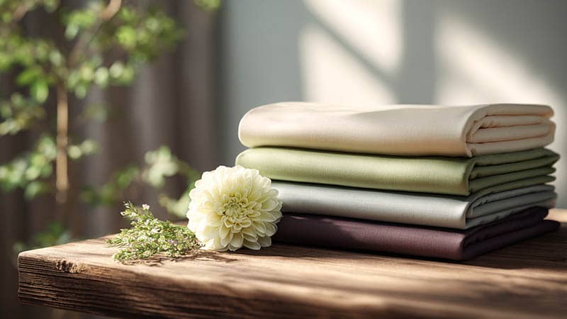 A comparison of Tencel, bamboo, and mulberry silk fabrics stacked together, highlighting eco-friendly antimicrobial textiles.