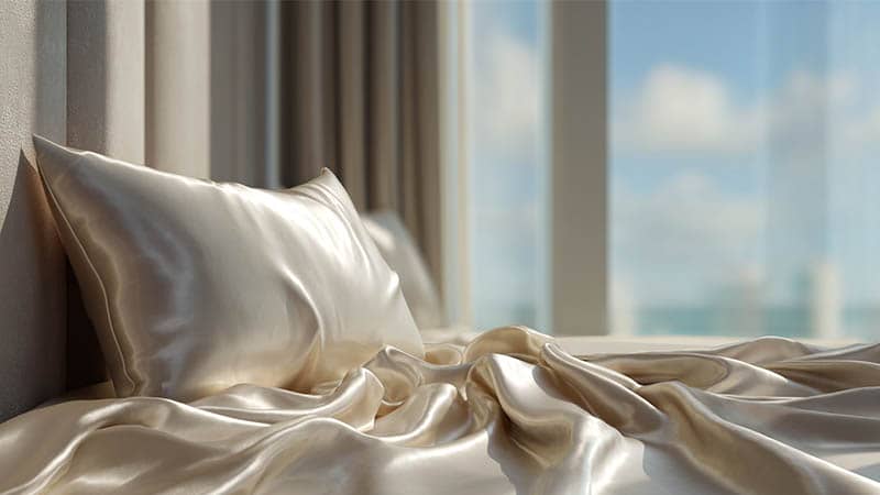 6A Grade Mulberry silk fabric with high gloss drape on a bed featuring a mulberry silk pillowcase and silk bed sheets for premium silk bedding.