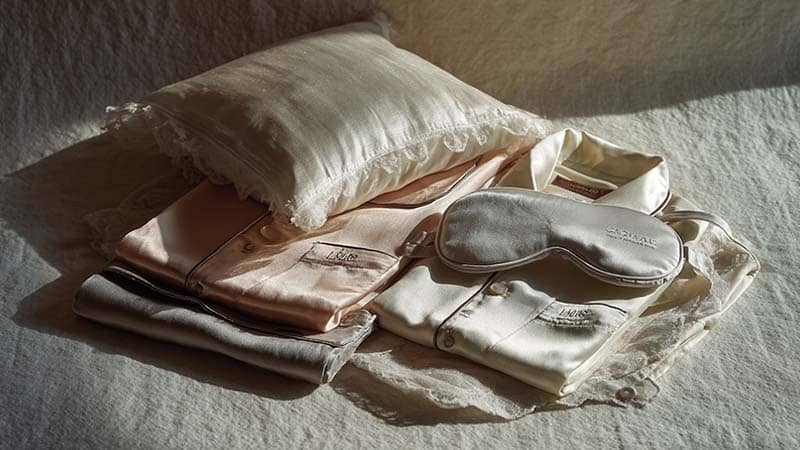 Flat lay of Grade 6A Mulberry Silk pillowcase, silk eye mask, silk robe, and custom silk pajamas in coordinated colors.