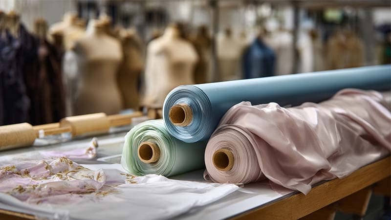 Silk fabric rolls and garment pattern layout on a cutting table showing fabric yield calculation by silk garment manufacturers.