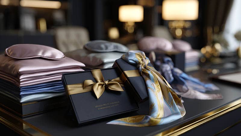 Elegant custom silk gift sets including silk pillowcases, sleep masks, and scarves in premium gift boxes, perfect for corporate and holiday gifting