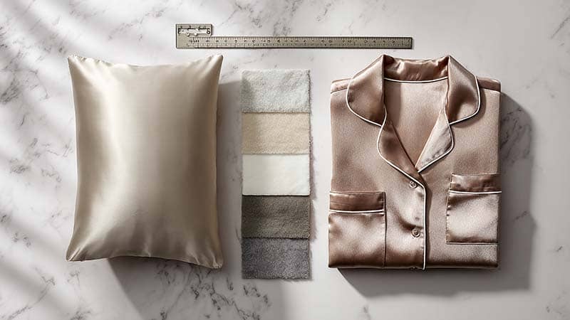 Flatlay showing a mulberry silk pillow case and a silk pajama set beside swatches of different momme weights with a ruler and scale—how YOU choose authentic silk density.