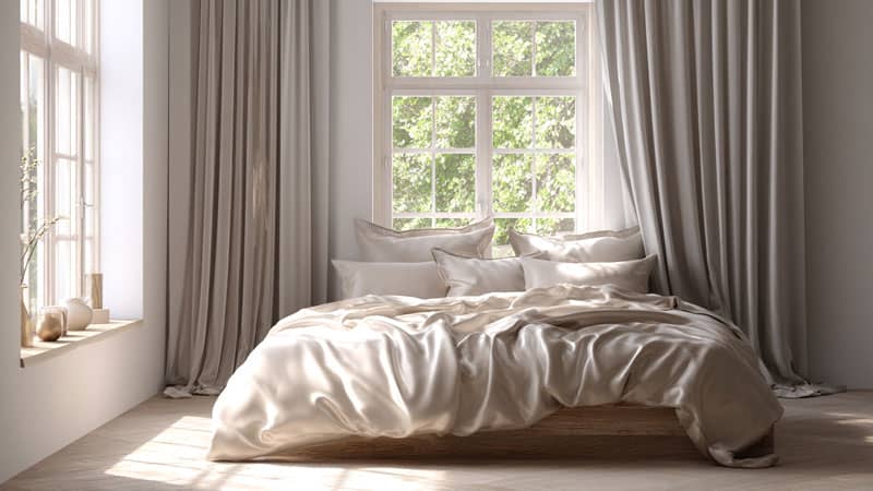 Luxury bedroom styled with a 100% mulberry silk pillowcase, sheet, and duvet cover in matching champagne tones