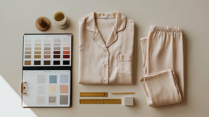 Flat lay of sandwashed silk pajama set with swatches, tech pack, and lab dips for wholesale silk pajamas.