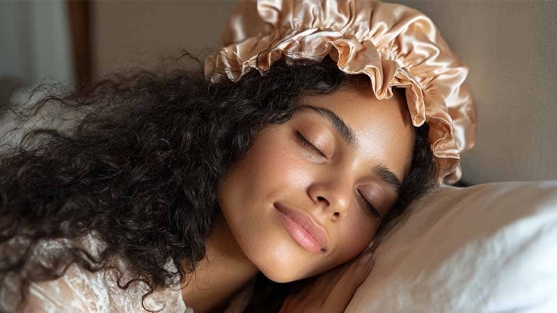 Woman sleeping with a silk bonnet, demonstrating hair protection and reduced breakage with silk bonnets