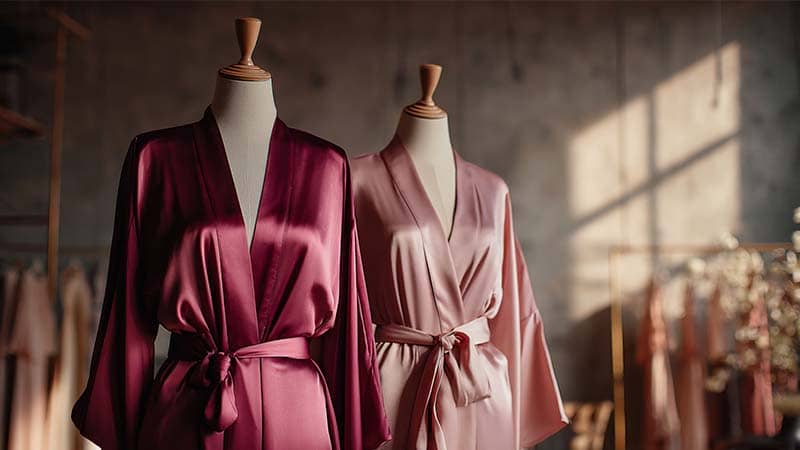 Comparison of private label silk robes with high and low belt placement for boutique fashion brands