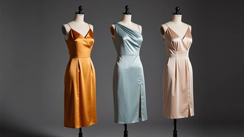 Side-by-side bias drape test of a silk dress using cupro, viscose, and silk linings, highlighting flow and seam stability for couture finishing