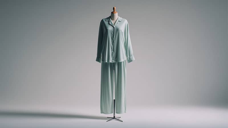 Lightweight bamboo viscose pajama set on mannequin with flatlock seams, 180–220 GSM jersey, ideal for wholesale bamboo pajamas in humid markets