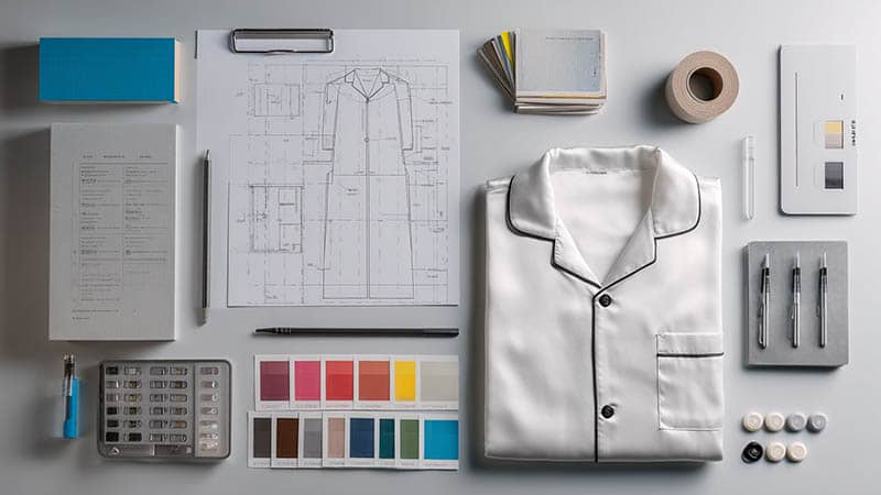 Tech pack layout for custom silk pajamas showing button specs, contrast piping details, waistband elastic measurements, SPI maps, and Pantone color standards