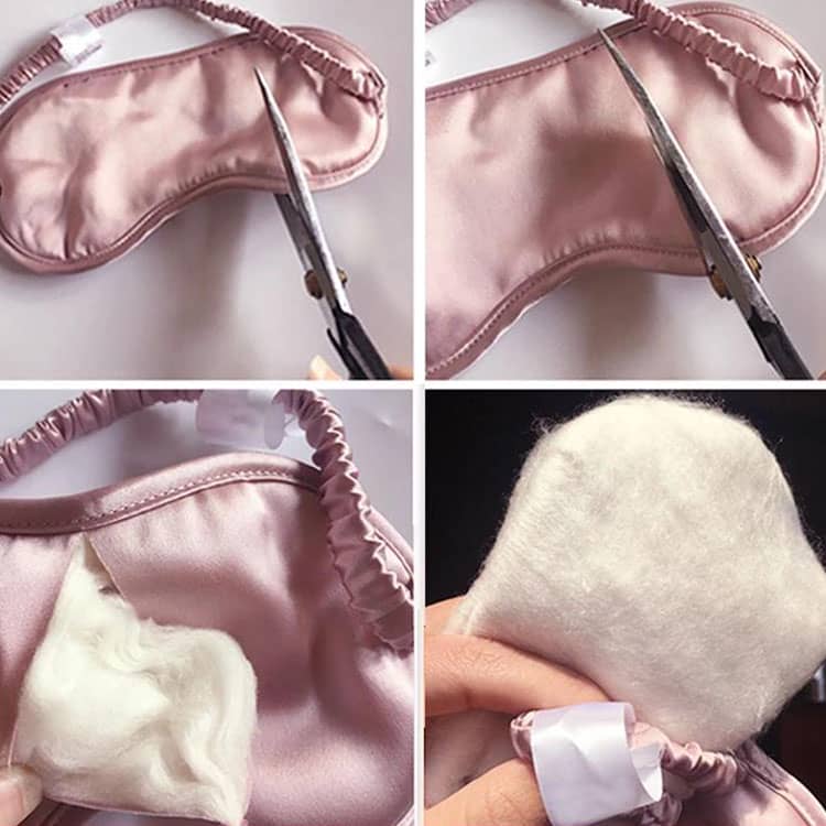 Eye mask filling weight guide (8–25 g) with layered mulberry silk webs, quilted bamboo fiber, and PP cotton polyfill comparison