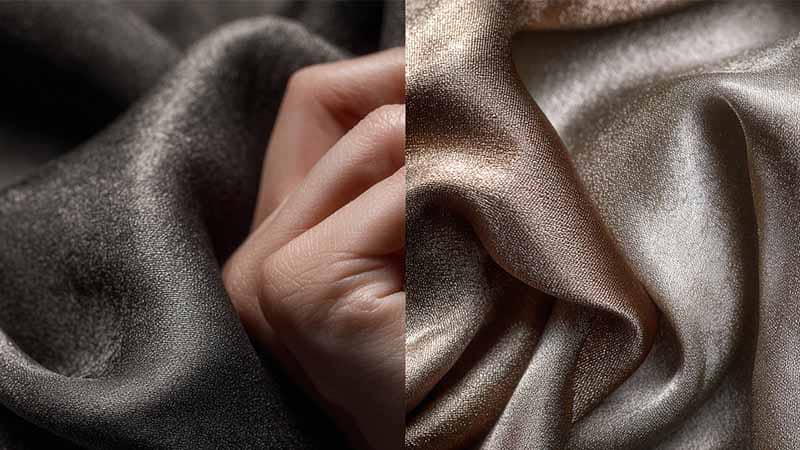 Macro photo showing the drape and matte texture of sandwashed silk compared to standard mulberry silk, highlighting handfeel after digital printing