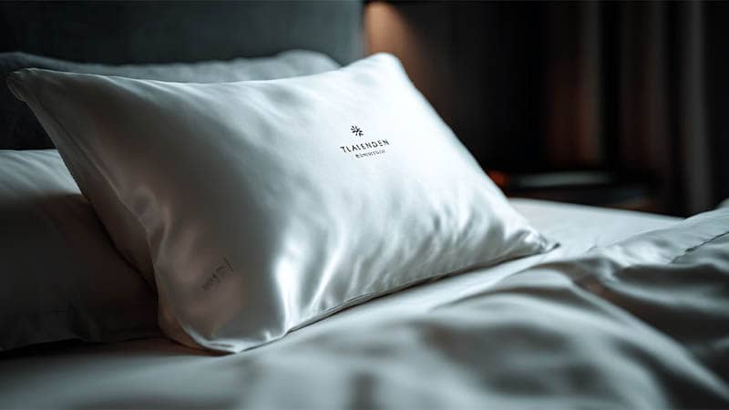 Luxury silk pillowcase with subtle custom brand logo placement in corner