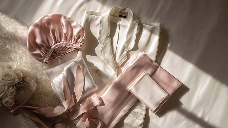 Flat lay of silk scarf, silk sleep bonnet, wholesale silk pillowcases, mulberry silk robe, and custom silk pajamas showing density options from light to heavy silk weight.