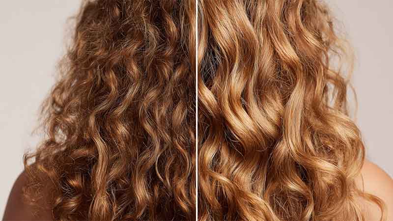 Side-by-side before and after comparison of hair frizz using a mulberry silk scrunchie vs a satin scrunchie, showing smoother next‑day curls and reduced halo frizz