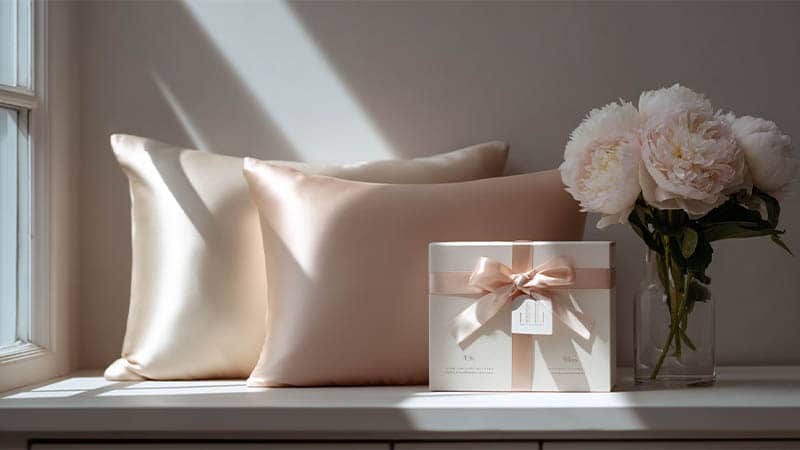 Retail display of 19 momme everyday silk pillowcase 2-pack and 22 momme premium gift box with monogram