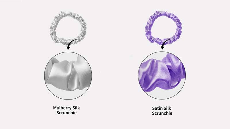 Macro comparison of 100% mulberry silk fibers vs polyester satin weave, showing smooth silk filament and glossy satin structure, scrunchies material detail