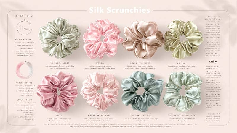 Comparison chart showing silk scrunchie specs—momme weight, tube width, diameter, elastic type—optimized for thin, thick, and curly hair