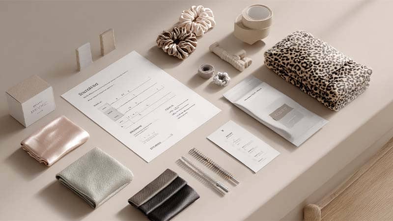 Flat lay of a scrunchie spec sheet with fabric swatches (22 momme mulberry silk and 110 GSM satin), elastic samples, stitching notes, and packaging mockups
