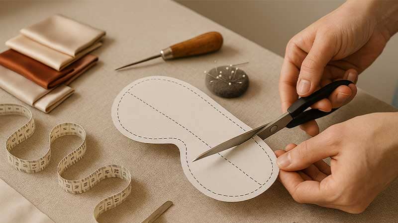 Designer cutting a silk sleep mask pattern template with tools and silk fabric swatches, showing how to create a functional silk sleep mask pattern.