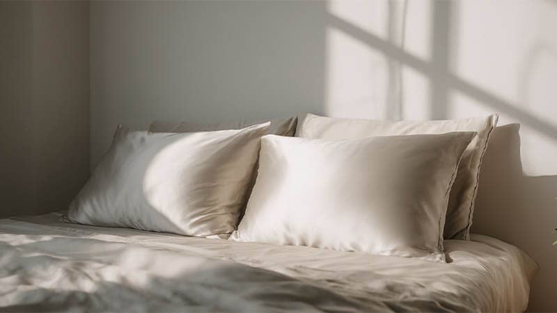 High quality 22 momme mulberry silk pillowcases on a neatly made bed, lifestyle photo for best‑selling silk pillowcases on Amazon FBA and Shopify stores.