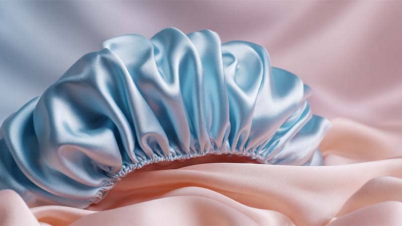A 100% mulberry silk bonnet with smooth texture, designed for curly hair protection and luxury sleepwear comfort.