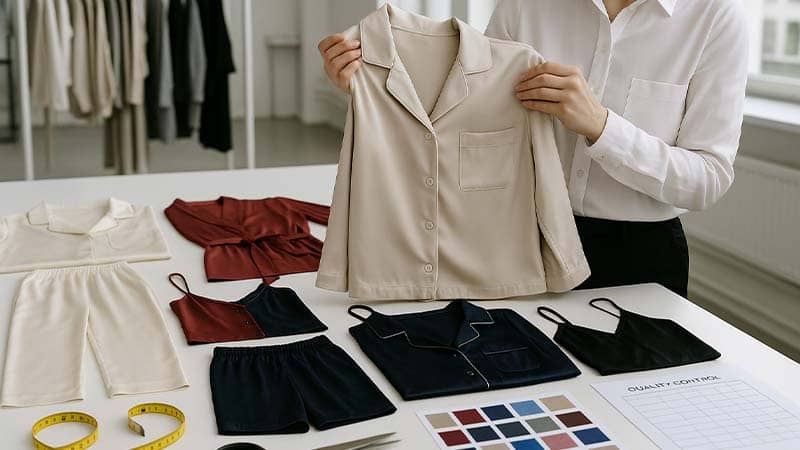 Quality control checklist for silk pajamas, robes and lingerie with inspector checking fabric and stitching quality