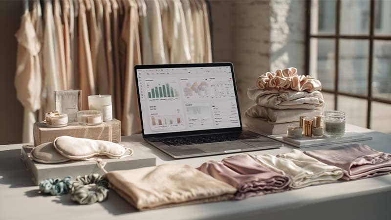 Modern workspace with a laptop and a curated collection of silk pillowcases, sleep masks, scrunchies, bonnets, and silk pajamas, illustrating best‑selling silk products for Amazon FBA and Shopify brands.
